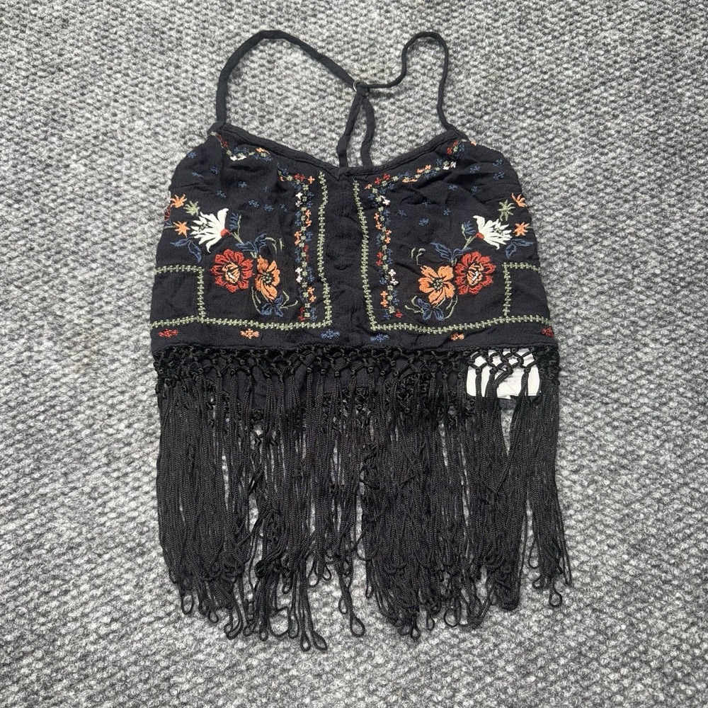 Vintage Y2K Hollister Floral Boho Top Festival Fringe Coachella Black coastal S